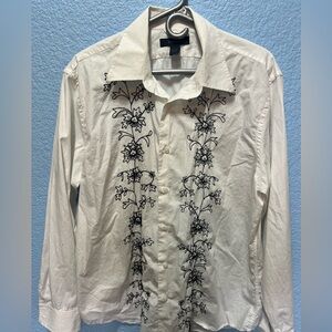 Express White Button Down Shirt with Black Floral Embroidery